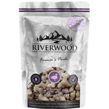 RIVERWOOD CRUNCHY SNACK PREMIETTI al gusto ANATRA TACCHINO CON MIRTILLI ROSSI 200 GR. GRAIN FREE